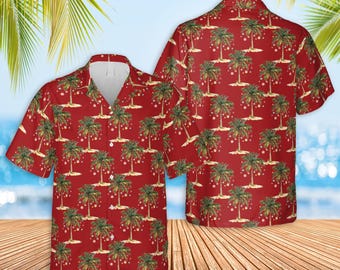 Christmas Palm Tree Hawaiian Shirt, Tropical Christmas Button Shirt, Beach Christmas Squad, Coastal Holiday Gift, Festive Beach Santa Shirt
