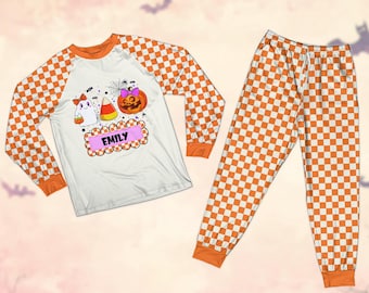 Pigiama carino Boo, pigiama di Halloween con nome personalizzato, pigiama a quadri per bambini e bambine, pigiama a due pezzi a maniche lunghe personalizzato "Dolcetto o scherzetto"