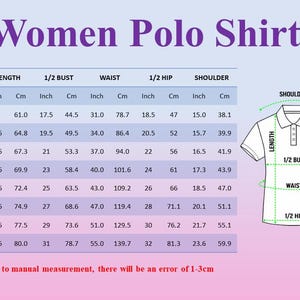 Pu&ograve; includere: Tabella delle misure per polo da donna, taglie S a 5XL. Le misure sono indicate in pollici e centimetri per lunghezza, busto, vita, fianchi e spalle. Un diagramma illustra i punti di misurazione.