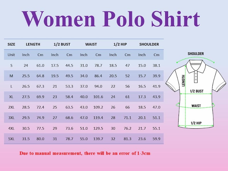 Pu&ograve; includere: Tabella delle misure per polo da donna, taglie S a 5XL. Le misure sono indicate in pollici e centimetri per lunghezza, busto, vita, fianchi e spalle. Un diagramma illustra i punti di misurazione.