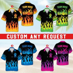 Personalized Flame Bowling Hawaiian Shirt, Custom Name & Team Name Bowling Shirt, Bowling Team Shirt, League Bowling Uniform, Bowling Gift