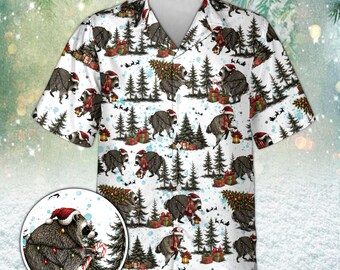 Camicia hawaiana con procione natalizio, camicia a maniche lunghe a tema natalizio, maglietta con simpatico animale di Babbo Natale, completo festivo per la famiglia per Natale