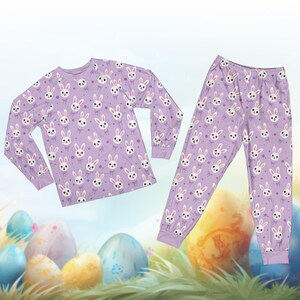 Pastellfärgad påskpyjamas för pojke och flicka, personligt namn för barn med äggjakt, personlig glad påskpyjamas, kaninpåskpyjamas bild 3
