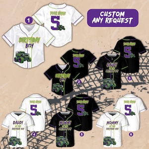 May include: Collection of baseball jerseys in white and black, featuring custom text and graphics. Designs include a monster truck, the number 5, and phrases like "Birthday Boy" and "Daddy of the Birthday Boy". The text "Custom Any Request" is also visible.