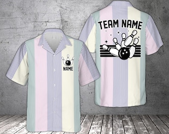 Benutzerdefinierte Name Bowling Hawaii-Hemd, Retro Color Mixing Bowling Team Button Shirt, personalisierte Bowling Squad, Retro Bowling-Liebhaber Geschenk