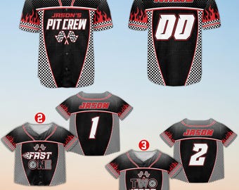 Maglia da baseball per compleanno a tema auto da corsa, maglia personalizzata per la squadra dei box, completo "Fast One Two Fast", regalo coordinato per la famiglia a tema corse automobilistiche.