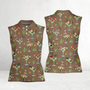 Pu&ograve; includere: Polo senza maniche marrone con un motivo ripetuto di cowgirl in bicchieri da margarita, cactus e ferri di cavallo. La camicia ha un colletto button-down e un classico design polo. Il tema generale &egrave; un design divertente di ispirazione western.