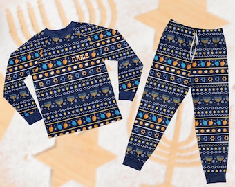 Custom Name Hanukkah Pajamas Set, Cute Happy Hanukkah Pajama, Matching Family Menorah Long Sleeve Two Piece Pajamas, Jewish Holiday Gift