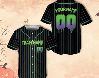 Maglia da baseball personalizzata per Halloween, maglia a righe per feste di Halloween, dolcetto o scherzetto abbinato, regalo di Halloween personalizzato con sfumatura spettrale
