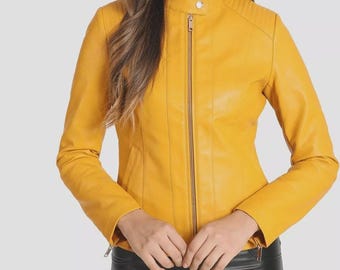 Women's Yellow 100% Genuine Lambskin Soft Leather Biker Jacket, Real Lambskin Yellow Leather Moto Jacket, Ladies Yellow Jacket, Wife Gift