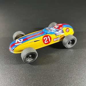 Vintage Tin Friction Yellow Race Car #21 - Made in Japan - Mid-century