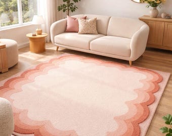 Alfombra de lana tejida a mano con borde festoneado en rosa rubor, alfombra de área con borde ondulado en tonos pastel.