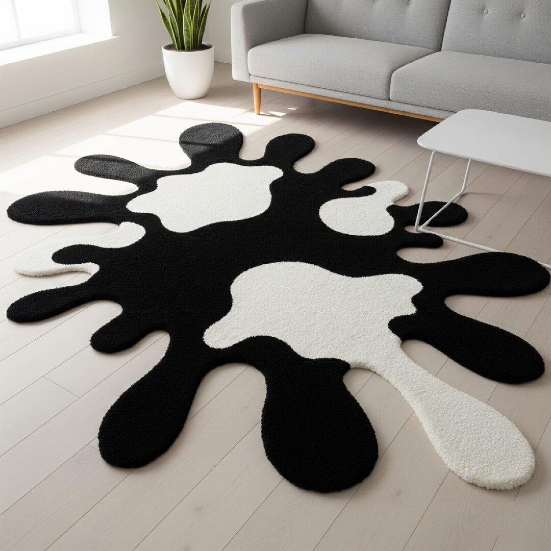 Splatter Rug Hand Tufted Wool: Modern Black White Abstract Statement ...