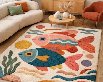Hand Tufted Wool Rug, Colorful Fish, Under the Sea Nursery Decor