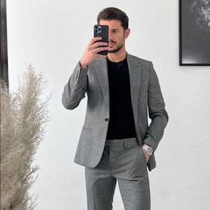 Handmade Grey Terry Rayon Mens Suit: 3-Piece Wedding Groom Wear