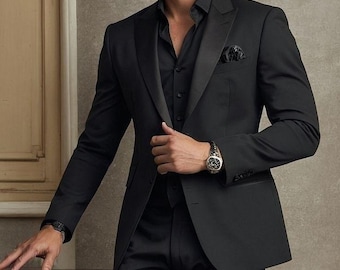 Handgjord svart smokingkostym: Slim fit frotté rayon 2-delad högtidsdräkt