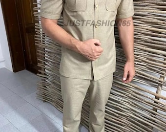 Mens Custom Linen Safari Suit: Short Sleeve, Beach Wedding