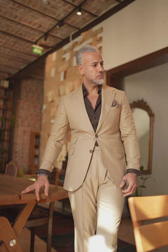 cream dress suit Trim Fit 2 Piece Mens Suit Creme
