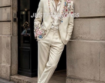 Traje de hombre hecho a mano color marfil con bordado floral / Traje de boda a medida / Esmoquin de lujo para novio / Conjunto de chaqueta a medida para graduación y recepción con flores