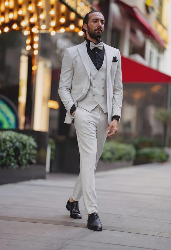 slim fit dress slacks Light Gray Suit with Black Lapels main image 0