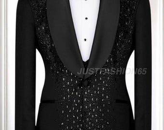 Schwarzer, verzierter Smoking für Herren, luxuriöser schwarzer Dinnerjacket, handgefertigter Anzug, Hochzeits-Smoking, Abendgarderobe