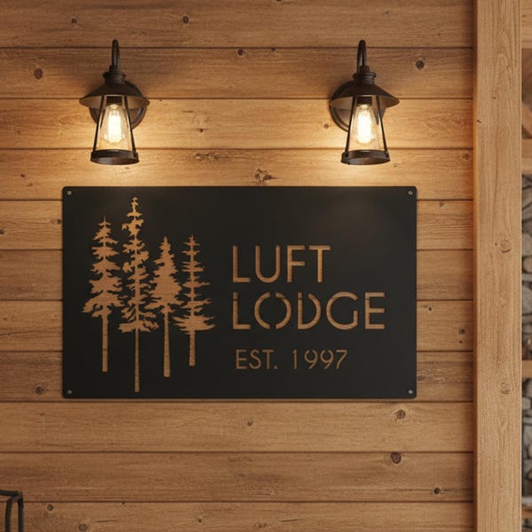 Custom Lodge Metal Sign, Forest Lodge Wall Art, Pine Tree Metal Cabin Sign, Custom Lodge Name Decor, Rustic Cabin Metal Decor, Cabin Gift