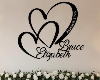 Personalisierte Doppelherz Metallwandkunst, personalisiertes Hochzeitsgeschenk für Paare, Metallherz mit Namen und Datum, Geburtstagsgeschenk