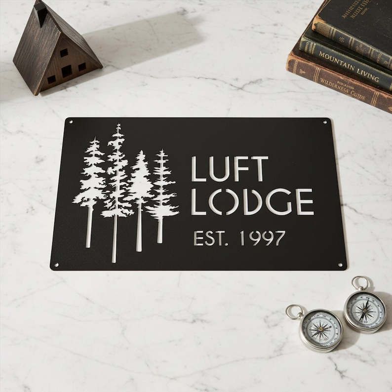 K&ouml;nnte beinhalten: Schwarzes Metallschild mit wei&szlig;en ausgeschnittenen B&auml;umen und der Aufschrift "LUFT LODGE EST. 1997". Das Schild ist rechteckig und hat L&ouml;cher in jeder Ecke. Zwei Kompasse und ein Holzhaus sind ebenfalls zu sehen.