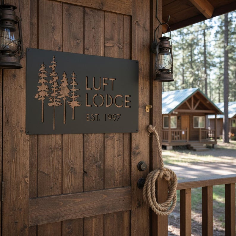 K&ouml;nnte beinhalten: Ein schwarzes Metallschild mit der Aufschrift "LUFT LODGE EST. 1997" und einem Baumdesign ist an einer Holzt&uuml;r befestigt. Zwei Vintage-Laternen h&auml;ngen auf beiden Seiten der T&uuml;r. Ein Seil ist am T&uuml;rgriff befestigt. Die Szene deutet auf eine rustikale Lodge hin.