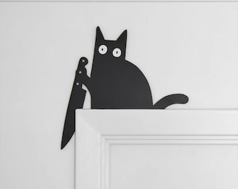 Black Cat Metal Door Corner Sign, Door Topper, Home Entry Decor, Wall Sign, Hallway Decor, Cat With Knife Sign, Funny Black Cat Door Decor