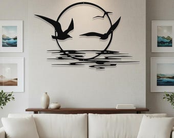 Sunset Sail Metal Wandkunst: Minimalistisches nautisches Dekor, Sunrise Metallwandkunst, Sonne, Meer und Möwe Wandschild, Geschenk für Sie