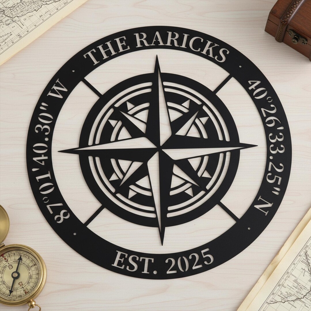 Custom Compass Metal Wall Sign, Personalized Coordinates Sign, Nautical ...
