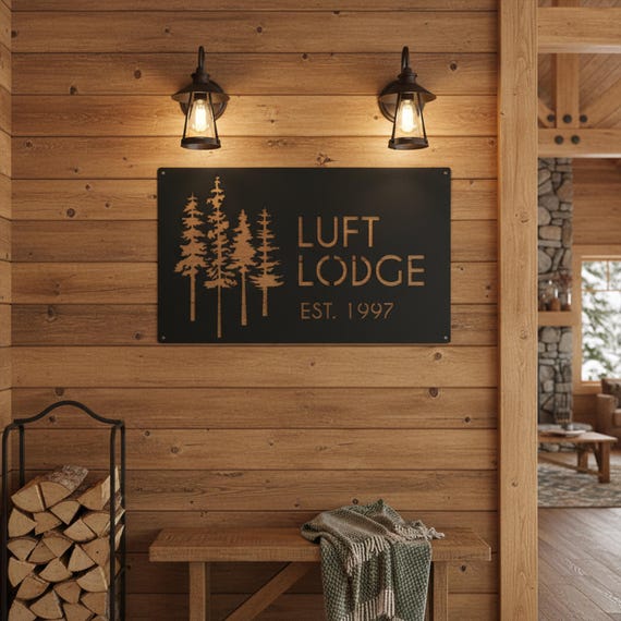Custom Lodge Metal Sign, Forest Lodge Wall Art, Pine Tree Metal Cabin Sign, Custom Lodge Name Decor, Rustic Cabin Metal Decor, Cabin Gift