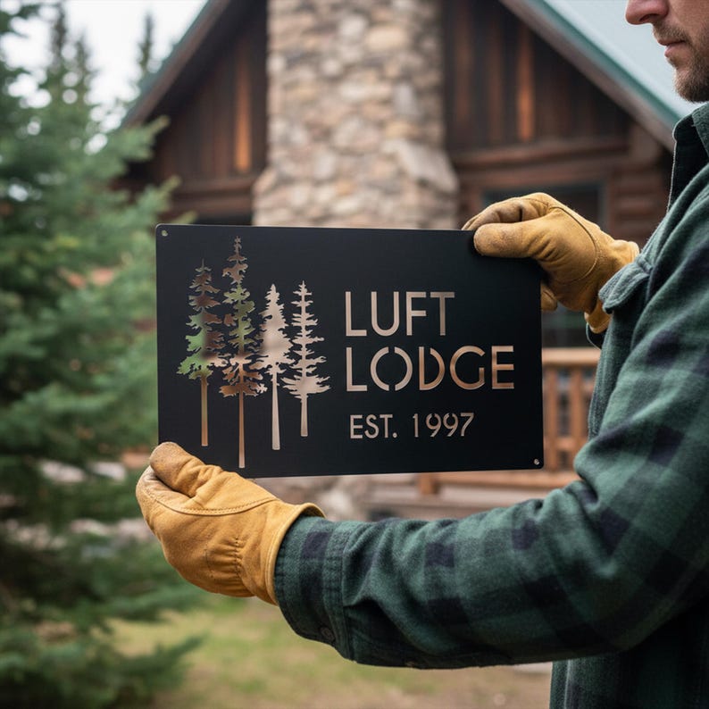 K&ouml;nnte beinhalten: Ein schwarzes Metallschild mit den Worten "LUFT LODGE EST. 1997" in Kupferfarbe. Das Schild zeigt ein ausgeschnittenes Design von mehreren B&auml;umen. Das Schild wird von einer Person mit Arbeitshandschuhen gehalten.