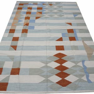 Handwoven Scandinavian Kilim Rug: White, Blue & Red Wool Flatweave