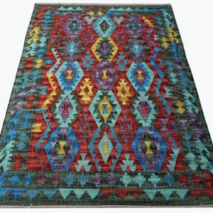 Handwoven Scandinavian Kilim Rug: Red, Blue, & Yellow Wool Flatweave