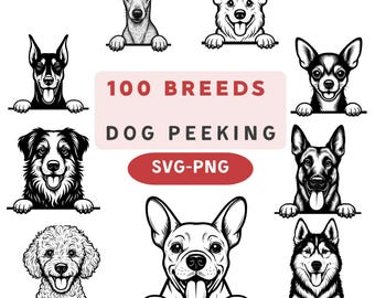 Pacote de Raças de Cães SVG e PNG: 100 Rostos de Cães Espiando (Download Instantâneo)
