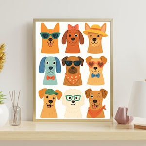 Funny Dog Wall Art Print, Modern Nursery Kids Room Animal Decor Dog Posters, Cool Dogs with Sunglasses Digital Download, Pet Portrait Poster