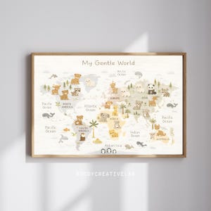 Nursery World Map Print – Scandinavian Animals, Neutral Kids Wall Art (Digital Download)
