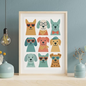 Funny Dog Wall Art Print, Cool Dogs with Sunglasses Digital Download, Pet Portrait Poster, Modern Nursery Kids Room Animal Decor Dog Posters