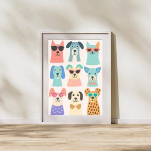 Colorful Funny Dog Wall Art Print, Cool Puppy Portrait Digital Download, Modern Pet Poster, Kids Room Nursery Animal Wall Decor, Dog Posters