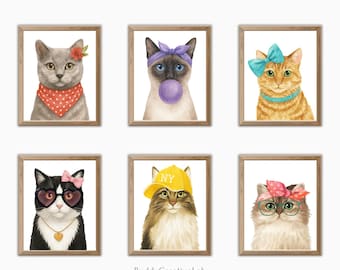 Aquarell Katzen Poster fürs Kinderzimmer: 6er Set, Mädchenzimmer Dekor (Digitaler Download A4/11x14/16 x 20 in JPEGs)