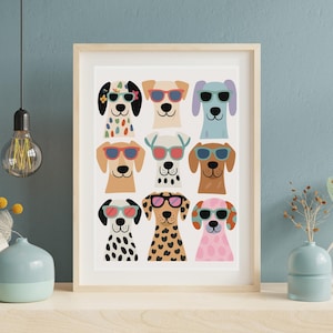 Funny Dog Wall Art Print, Cool Dogs with Sunglasses Digital Download, Pet Portrait Poster, Modern Nursery Kids Room Animal Decor Dog Posters