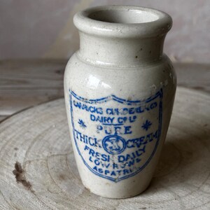 Vintage Stoneware Cream Pot, Warwick Cumberland Dairy Co, Blue Transferware Vase