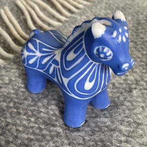 Vintage Pablo Zabal Chilean Pottery Horse Figurine | Matte Blue Sgraffito Decor