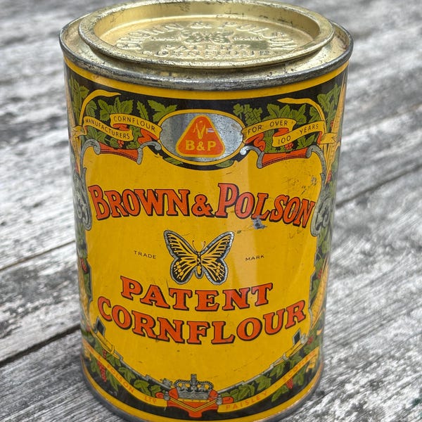 Vintage retro cornflour tin. Kitchen storage. Kitchenalia