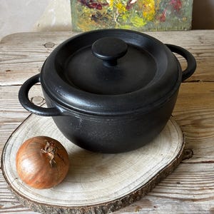 May include: A black cast iron pot with a lid and two handles. The pot sits on a wooden slice next to a brown onion. An abstract painting hangs in the background. Kitchenware.