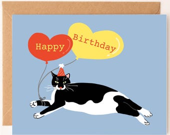 Tuxedo Cat Birthday Card, Black Cat Greeting Card, Funny Cat Card (Bold Font)