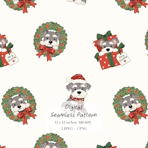 Könnte beinhalten: Ein digitales nahtloses Muster mit Illustrationen von grauen Schnauzer-Hunden in Weihnachtskränzen, in roten Geschenkboxen mit weißen Punkten sowie mit Weihnachtsmützen und Schals. Text: Digital Seamless Pattern 12 x 12 inches 300 DPI 2 JPEG + 1 PNG.