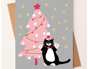 Black Cat Christmas Card, Cute Cat Christmas Card, Cat Holiday Card, Christmas Tree Card, Cat Lover Gift